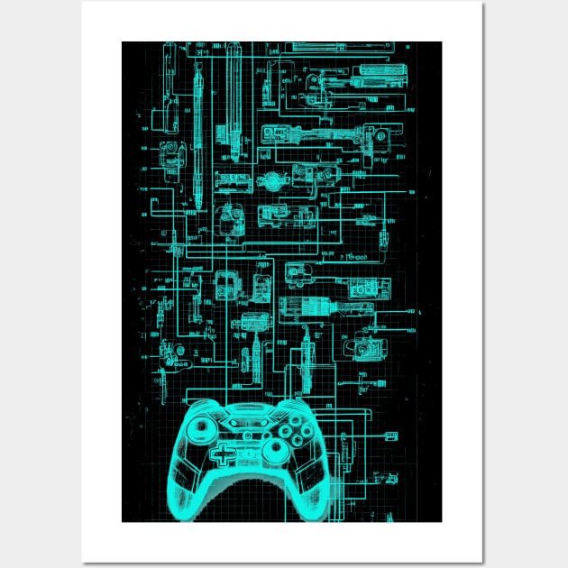 Neon Teal Video Game Controller Blueprint Wall Art by Trip Tank